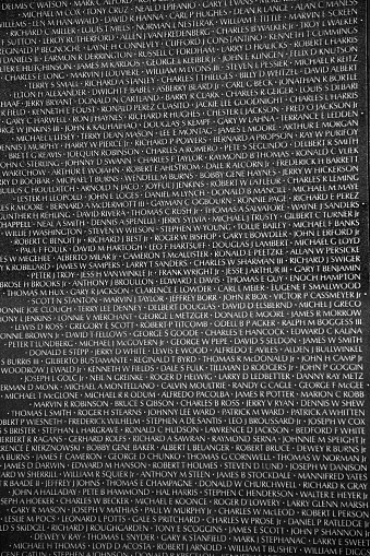 Washington D.C., United States - July 14, 2010: Names of war victims on Vietnam Veterans Memorial