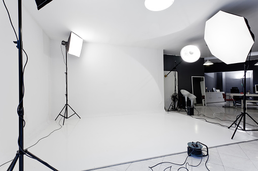Photo studio with flash lights, stands and backgrounds.