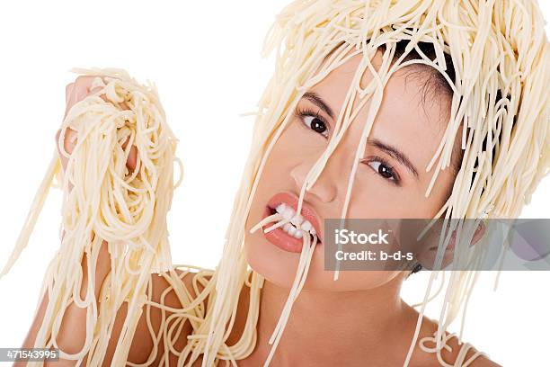 Topless Beautiful Woman With Pasta On Her Body Stock Photo - Download Image Now - Eating, Raw Food, Spaghetti