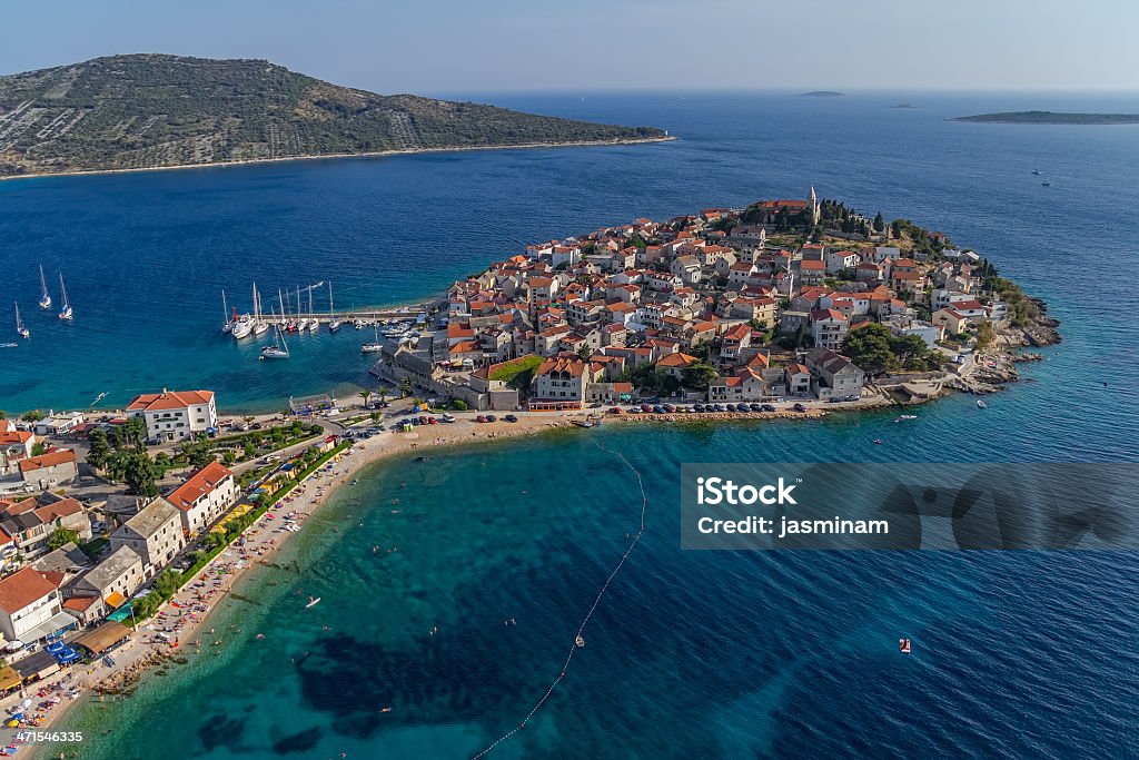 Primosten Primosten old town panorama. Helicopter aerial shoot. Adriatic Sea Stock Photo