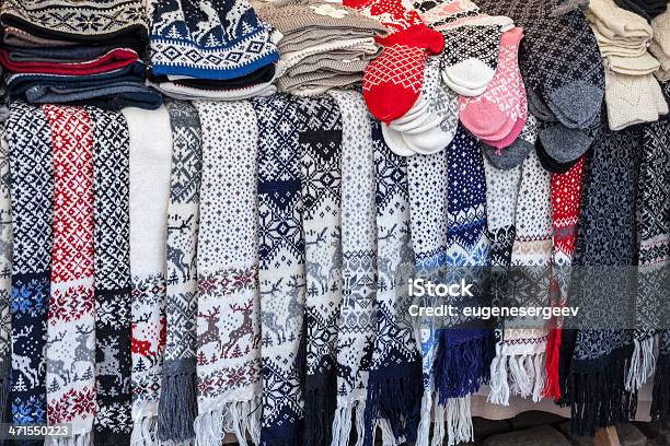 Woolen Scarves Socks And Other Clothes On The Street Counter Stock Photo - Download Image Now