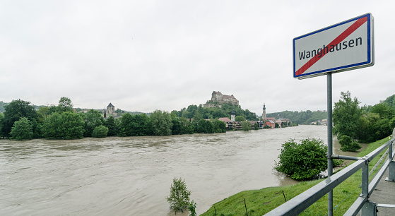Burghausen, Germany - June 2, 2013: Flood of the Century in Burghausen. 