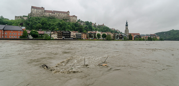 Burghausen, Germany - June 2, 2013: Flood of the Century in Burghausen. 