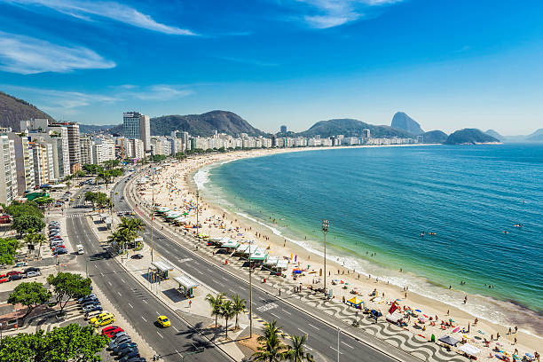 Copacabana Beach panorama from high angle in Rio de Janeiro Copacabana Beach panorama from high angle in Rio de Janeiro,Brazil copacabana rio de janeiro photos stock pictures, royalty-free photos & images