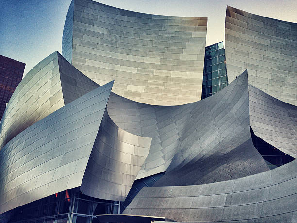 Modern Architecture, Contemporary aluminium building facade against blue sky. Architecture Detail Abstract. Los Angeles, USA.
