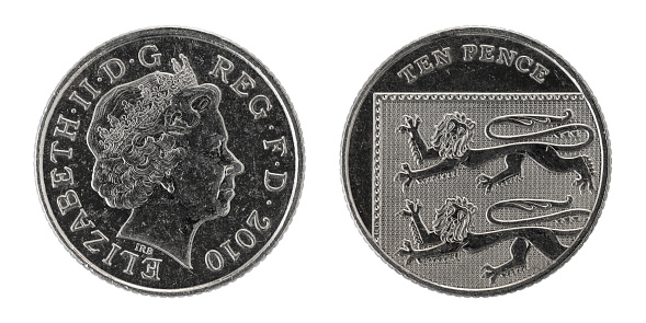Wierden, the Netherlands - May 30, 2013 : A used British ten pence coin, issued in 2010 - the obverse displaying a profile of Queen Elizabeth II wearing a crown, the reverse showing lions in a fragment of the royal UK coat of arms.