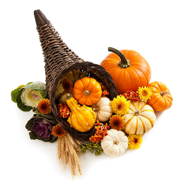 Cornucopia Cornucopia or "Horn of Plenty" overflowing with many gourds, squash, corn and flowers. single flower flower autumn pumpkin stock pictures, royalty-free photos & images