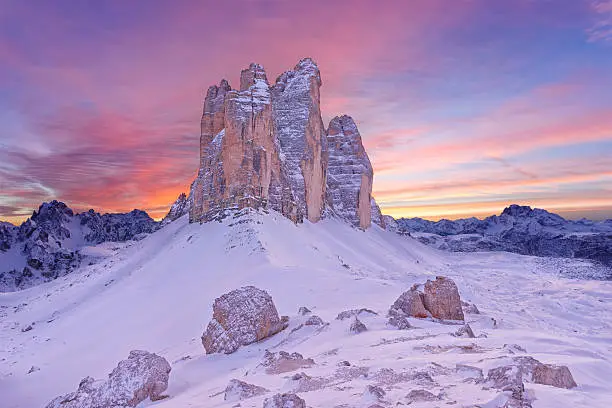 The majestic Three Peaks in the Dolomites district (Italy)