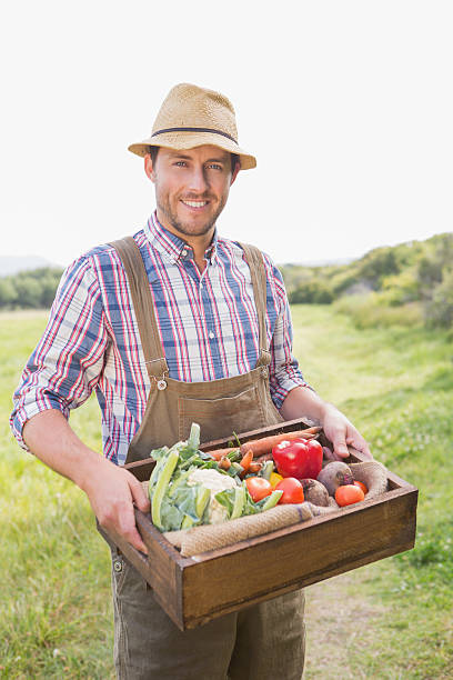 istock Happy farmer carrying box of veg 471556924