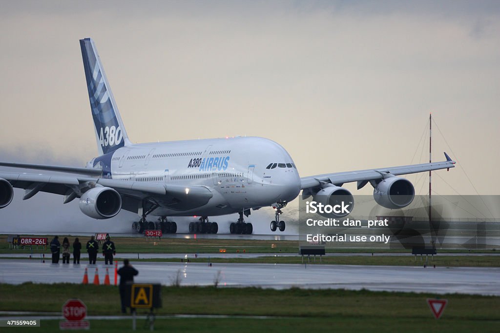 Airbus A380 Vancouver, Canada - October 17, 2007: Airbus Industries A380 on its takeoff roll from Vancouver International Airport during its flight testing phase.  Crowds of people and airport workers came out to view the double decker airliner during its visit to Vancouver. Airbus Stock Photo