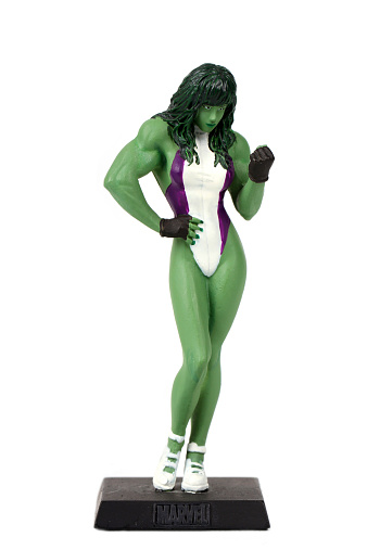 Vancouver, Canada -  June 5, 2013: A model of Jennifer Walters, also know as She-Hulk, from the Marvel comic book series, against a white background.