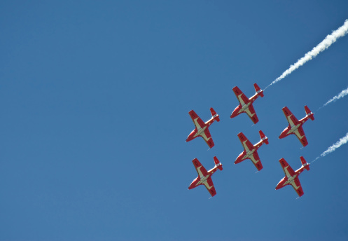Trenton, Ontario, Canada - July 5, 2009: Tutor Formation from the Snowbirds Acrobatic Team. The Snowbirds doing a stunt at an airshow
