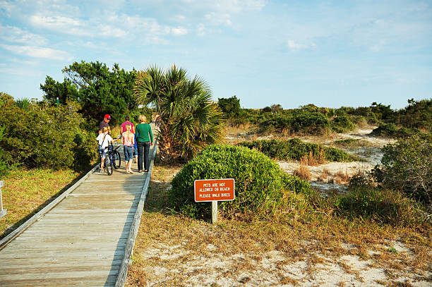 familia caminando por el paseo a lo largo de fernandina beach, florida - beach family boardwalk footpath fotografías e imágenes de stock