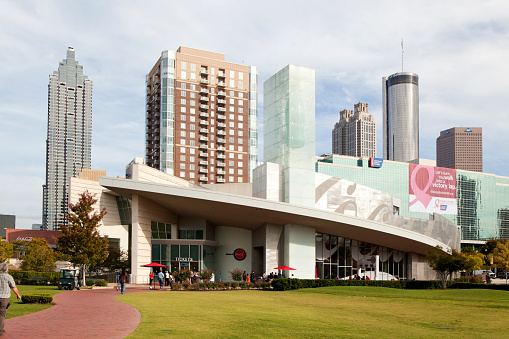 Atlanta, Georgia , USA - October 12, 2012: World of Coca-Cola in downtown Atlanta, Georgia  in the Centennial Olympic Park area is a major tourist attraction. The building features the history of Coca-Cola, an tasting area were you can try Coca-Cola products from around the world and a gift shop.