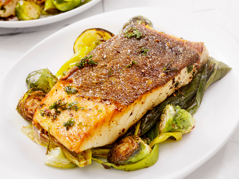 Crispy Skin Grilled White Fish Roasted with Leeks and Brussels Sprouts - Photographed on Hasselblad H3D2-39mb Camera
