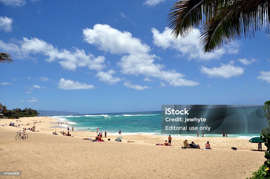 North shore beach Oahu, HI - May 30, 2010. Beach on Oahu's famous north shore which is a hot spot for surfers from around the world. People sitting on broad beach in the foreground with big north shore wave breaking on Oahu's famous north shore in the distance. Beach Stock Photo