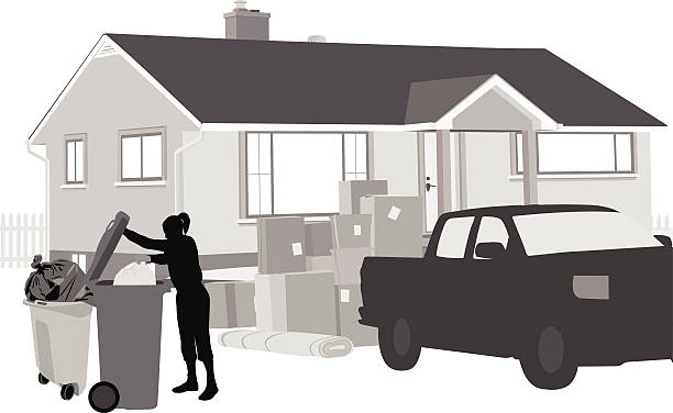Moving Out Illustration of a silhouette woman putting trash into a garbage bin outside her house.  Next to her is a pickup truck with lots of cardboard boxes and a carpet next to them.  This image depicst a moving scene. truck silhouettes stock illustrations