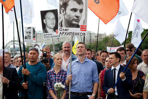 Moscow, Russia - June 12, 2013: Russian opposition leader Alexey Navalny at march protest through Moscow. Opposition rallies in Moscow in support of riot suspects 