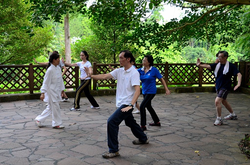 Singapore - May 12, 2013: A group of Singaporeans practice the art of Tai Chi in a shaded spot at the Singapore Botanical Gardens. Tai Chi is a popular Chinese martial art technique used both for health and self-defense purposes. The Singapore Botanical gardens, where the group is practicing, is a green zone in largely urban, central Singapore city. 