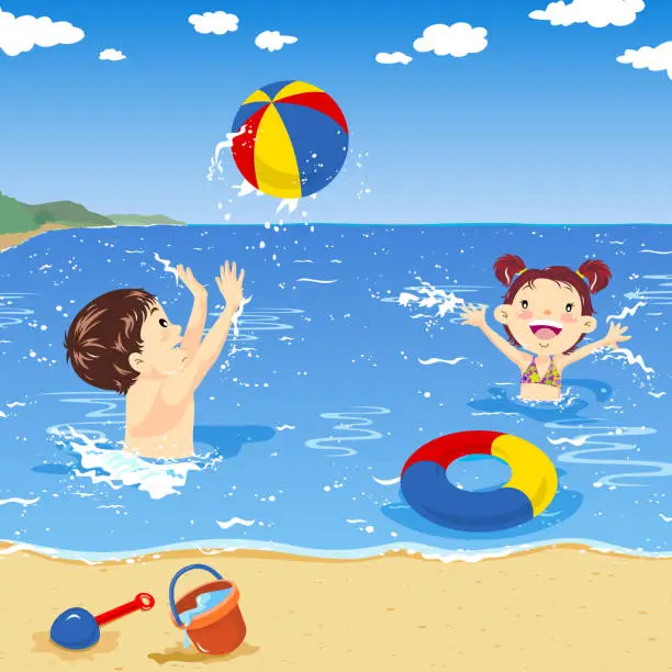 Vector illustration of Two kids playing beach ball on the seaside
