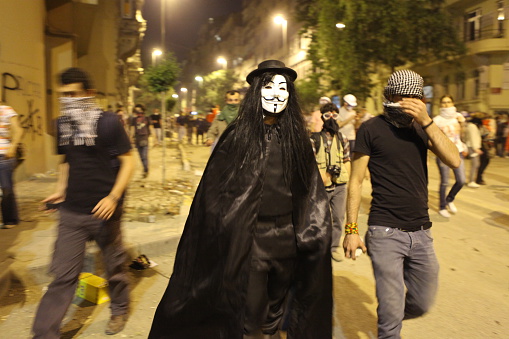 Istanbul,Turkey- June 3, 2013:Here we see a person dressed as Vendetta supporting the cause