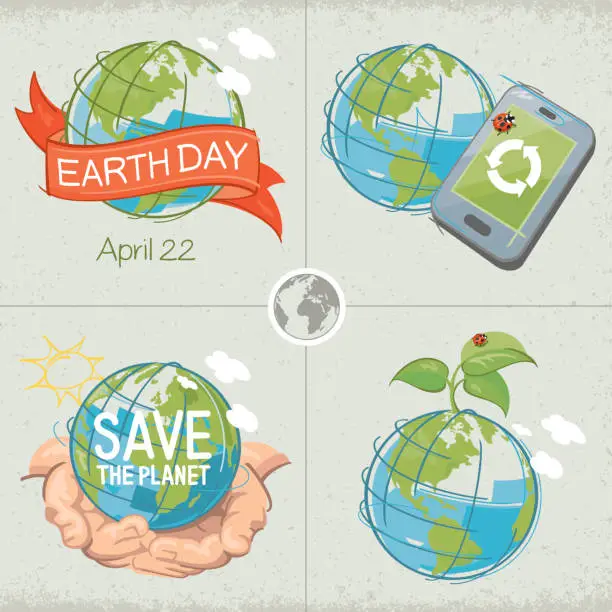 Vector illustration of Earth Day Concepts Save The Planet Sketch-Style Color Drawing Set