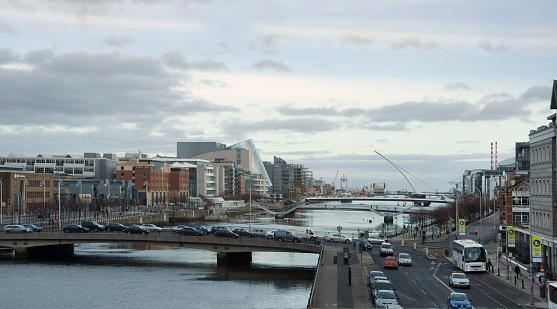 Dublin, Ireland - January 17, 2012: Dublin Docklands Looking East Down the River Liffey