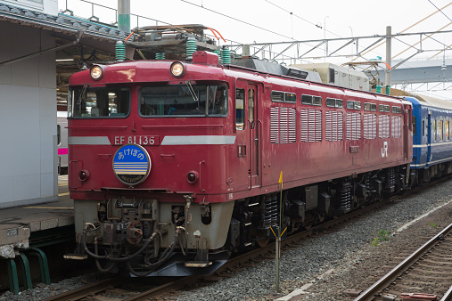Aomori, Japan - May 28, 2013 : Akebono long-distance sleeper train parked at Aomori Station in in Aomori, Japan. The train runs from Ueno Station in Tokyo to Aomori Station.