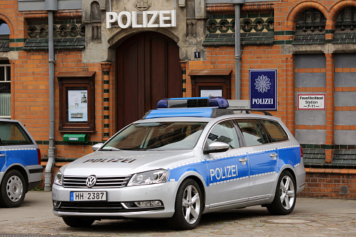 Hamburg, Germany - June 1, 2013: A German police car in front of the Hafencity police station.