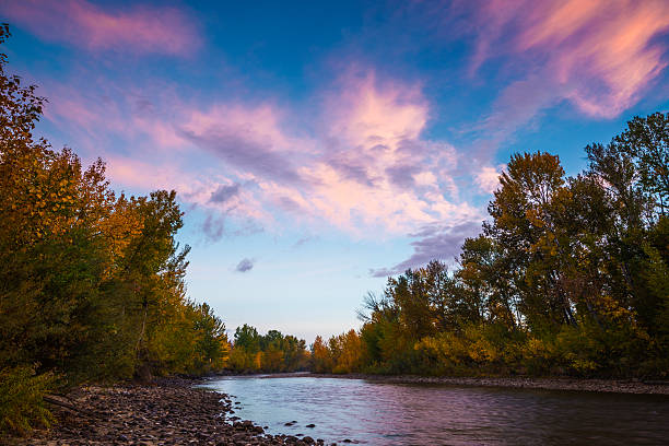 Boise River Autumn Beautiful autumn scene along Boise River in Boise, Idaho, USA on a fine morning with dramatic sky boise river stock pictures, royalty-free photos & images