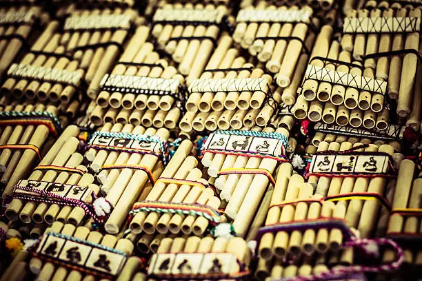 Authentic south american panflutes  in local market in Peru.