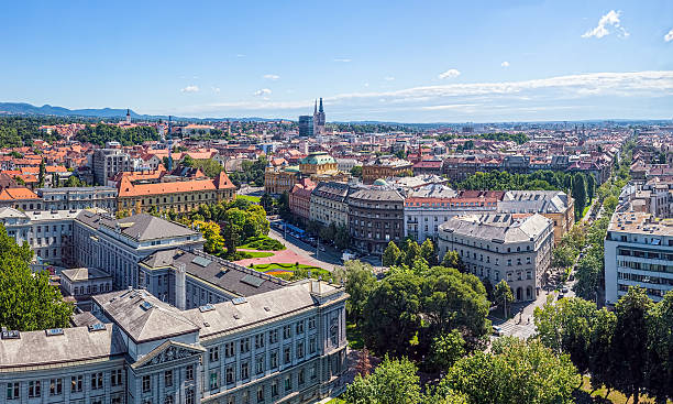 Panorama of Zagreb Panorama of the city center, Zagreb capitol of Croatia, with mail buildings, museums and cathedral in the distance. mimara stock pictures, royalty-free photos & images