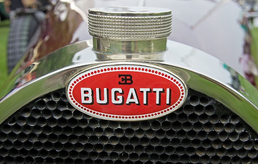 Hershey, PA,USA-June 16, 2013: Bugatti name lives on at the Elegance at Hershey on June 16, 2013. Bugatti cars were known for their design beauty and race victories. Today the name is owned by Volkswagen.