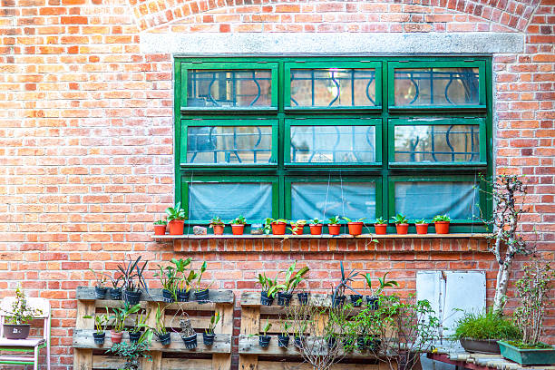 istock windows, brick wall, green plants, Hong Kong 471577808