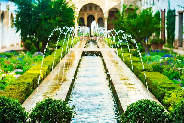 Beautiful patio in the Alhambra gardens, Granada, Andalusia, Spain.