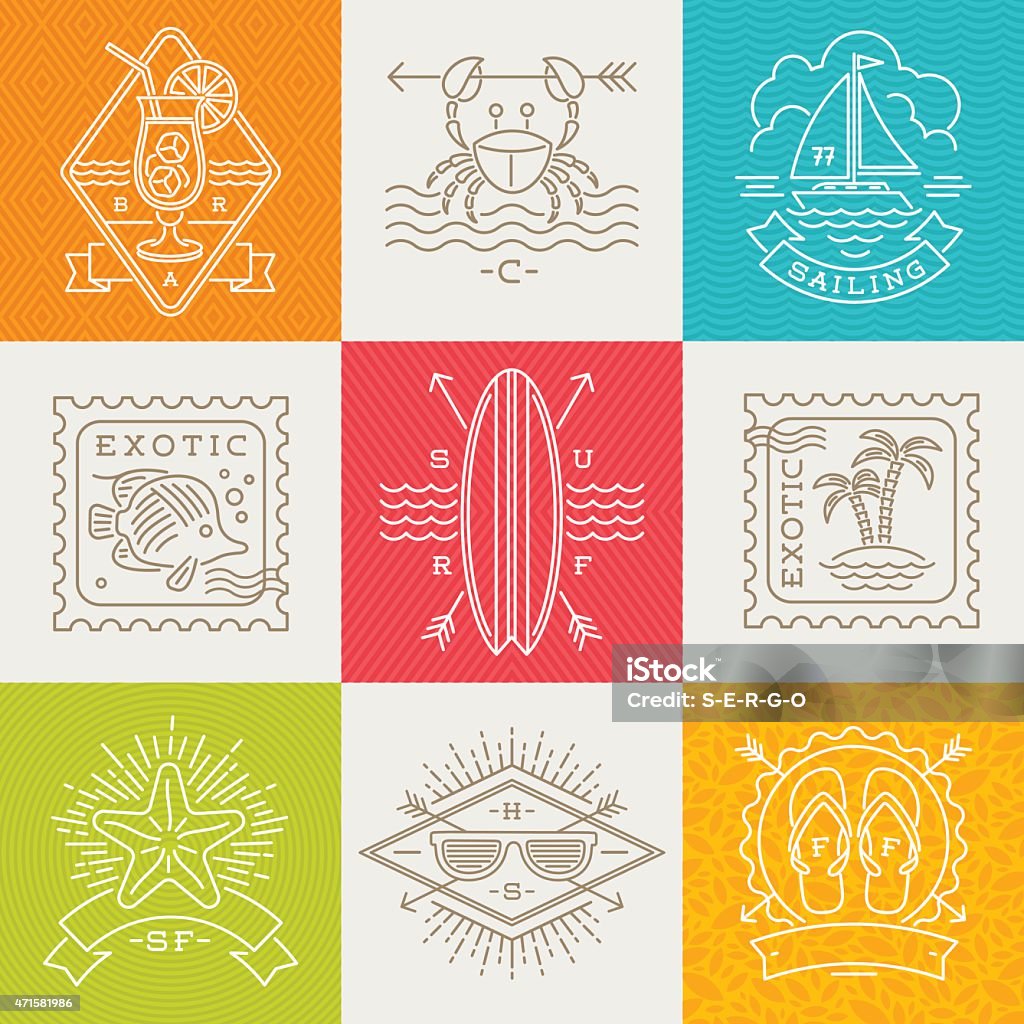 Vacaciones de verano, vacaciones y viajes emblems, signos y etiquetas - arte vectorial de Diseño de trazado libre de derechos