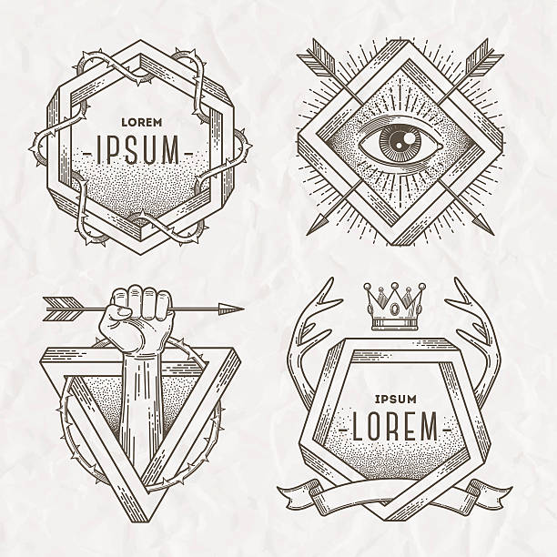 Line art emblem with heraldic elements and impossible shape Tattoo style line art emblem with heraldic elements and impossible shape - vector illustration tattoo borders stock illustrations
