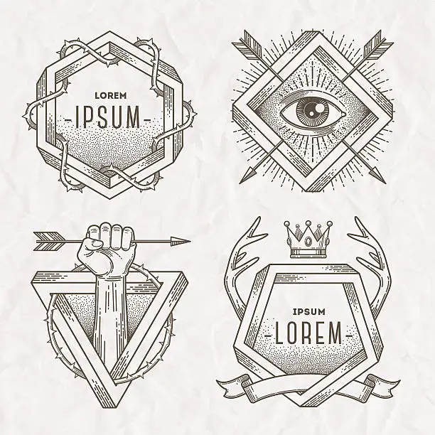 Vector illustration of Line art emblem with heraldic elements and impossible shape