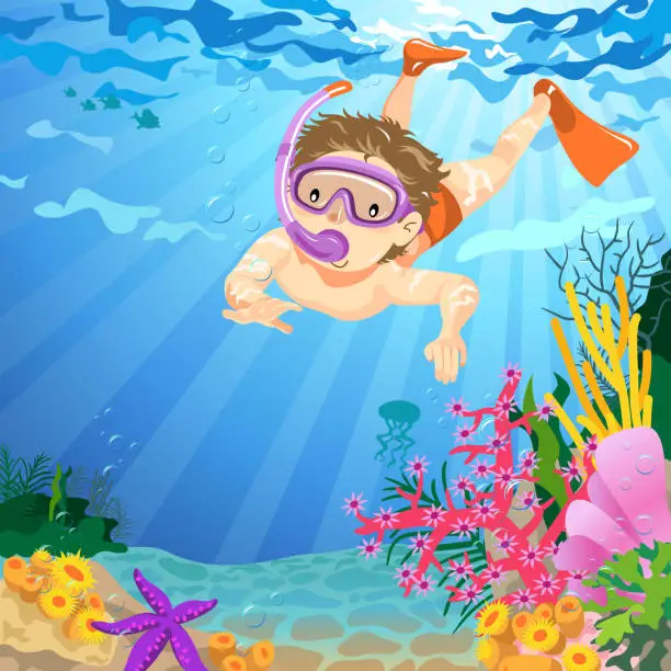 Vector illustration of Teenage boy snorkeling