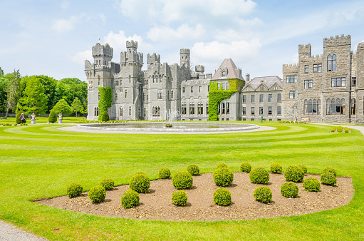 Cong, Ireland - June 6, 2013: : Ashford Castle is a medieval castle on the shores of Lough Corrib. The castle is located near the village of Cong in County Mayo in the Republic of Ireland.