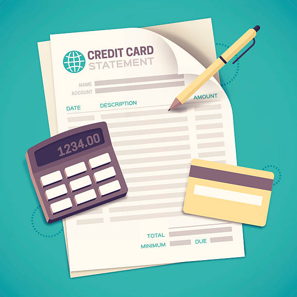 Credit Card Statement Bill Paying A credit card bill and a calculator, credit card and pen representing the process of paying a credit card bill. EPS 10 file. Transparency effects used on highlight elements. buy single word stock illustrations