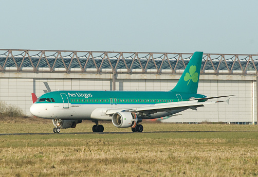 Shannon,Ireland - January 17, 2011: Aer Lingus Airbus A320 taking off from Shannon Airport