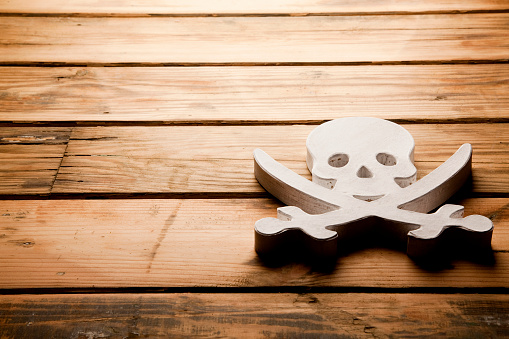Skull and crossbones on wooden background