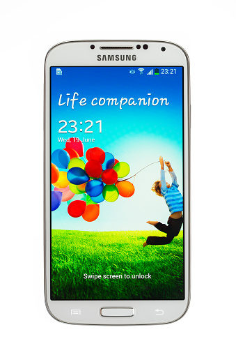 Varna, Bulgaria - June 19, 2013:  Cell phone model Samsung Galaxy S4 has Super AMOLED capacitive touchscreen, 13 MP Camera, Quad-core 1.6 GHz and Android OS, v4.2.2.  Announced 2013, March.