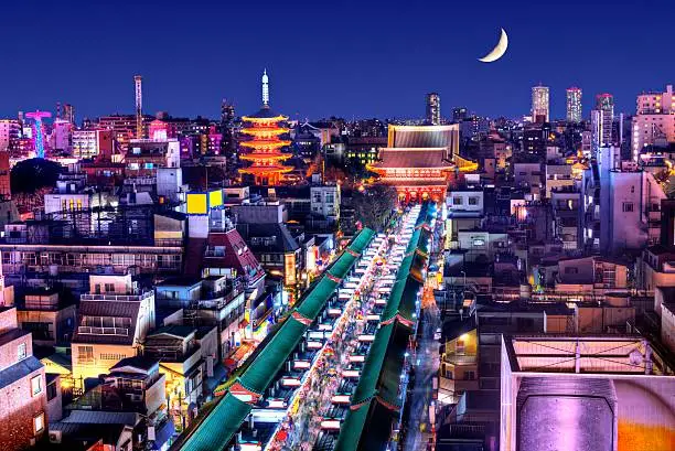 Skyline of the Asakusa District in Tokyo, Japan with famed temples.