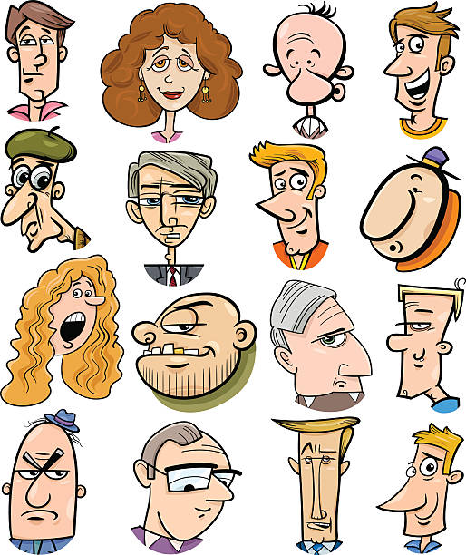 illustrazioni stock, clip art, cartoni animati e icone di tendenza di fumetto persone caratteri facce - caricatura