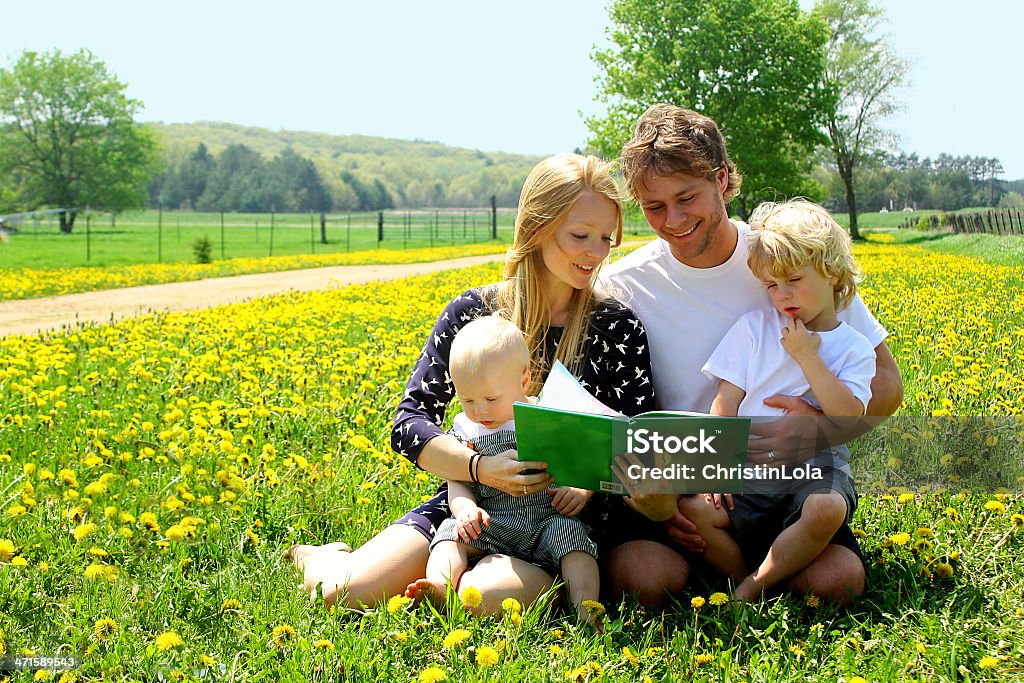 Famiglia lettura libro nel prato - Foto stock royalty-free di Bebé