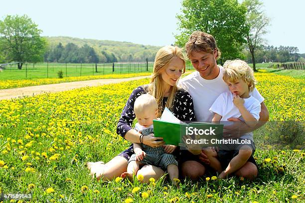 Famiglia Lettura Libro Nel Prato - Fotografie stock e altre immagini di Bebé - Bebé, Madre, Padre