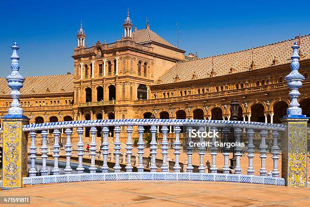 난간 블루 및 화이트 쁠라스 De Lespagne 스페인 광장-세비야에 대한 스톡 사진 및 기타 이미지 - 스페인 광장-세비야, 0명, 건축