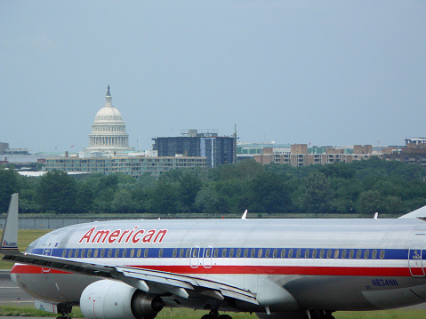 Miami, United States - May 24, 2023: Technical review of American Airlines airplanes at Miami International Airport.